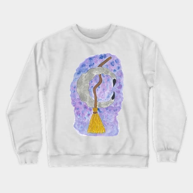 Silver Moon and Witch Broomstick Against the Starry Night Sky Hand Drawn Watercolor and Ink Artwork Crewneck Sweatshirt by EndlessDoodles